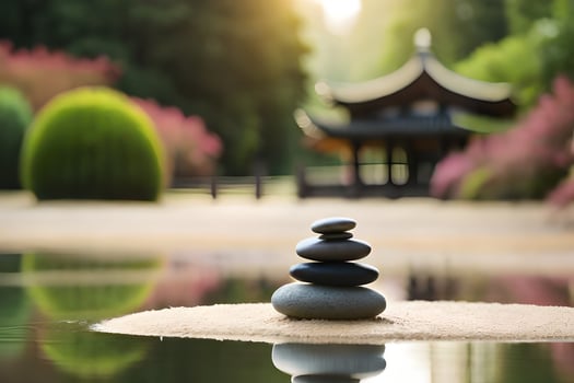 a stack of stones sitting on the ground in front of a pond. AI-Generated photo