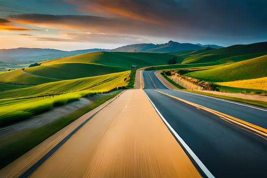 a road in the middle of a green field. AI-Generated photo