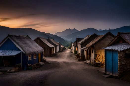 a village at sunset with houses and mountains in the background. AI-Generated photo