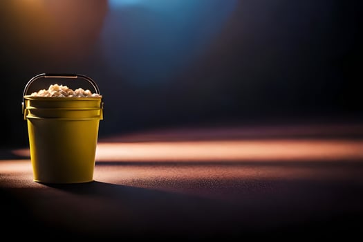 a bucket of popcorn on a dark surface. AI-Generated photo