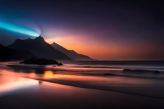 the sun is setting over a mountain and beach. AI-Generated photo