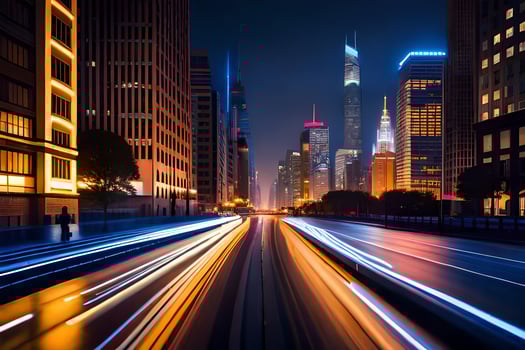 a city street at night with light trails. AI-Generated photo