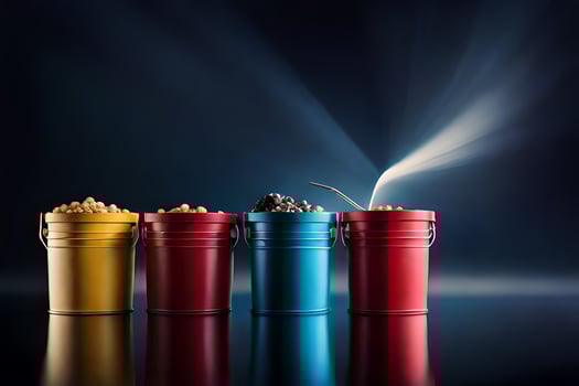four colorful buckets with a spoon and a spoon. AI-Generated photo