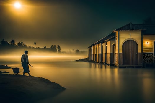 a man stands in front of a house at night. AI-Generated photo