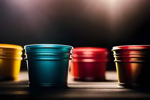 four colorful plastic cups on a table. AI-Generated photo