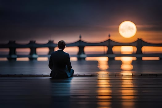 a man sitting on the dock watching the moon rise. AI-Generated photo