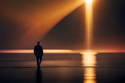 a man standing on the beach at sunset. AI-Generated photo