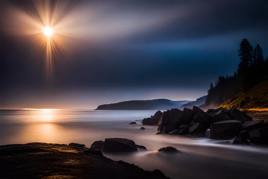 the moon shines brightly over the ocean and rocks. AI-Generated photo