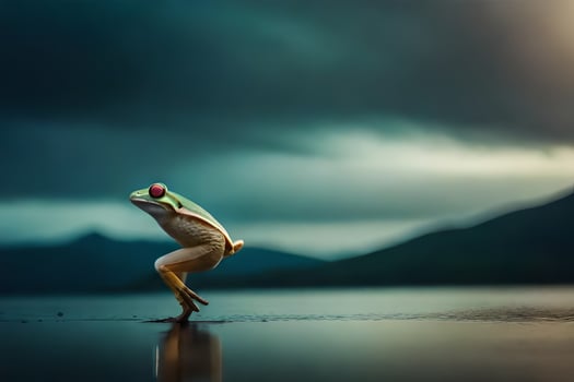 a frog jumping in the water with a dark sky. AI-Generated photo