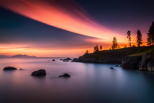 a beautiful sunset over the ocean with trees and rocks. AI-Generated photo