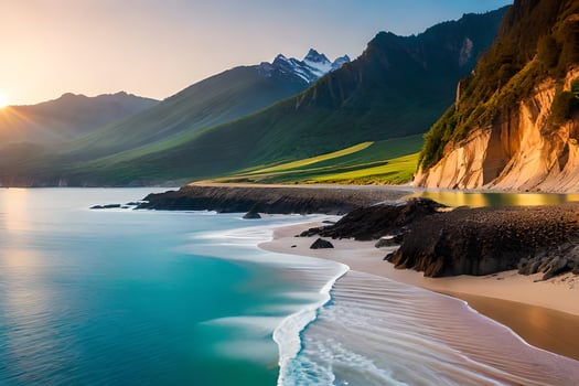 the sun sets over a beach and mountains. AI-Generated photo