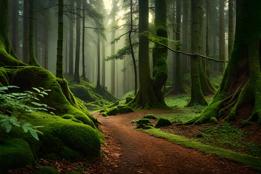 a path through a green forest with mossy trees. AI-Generated photo