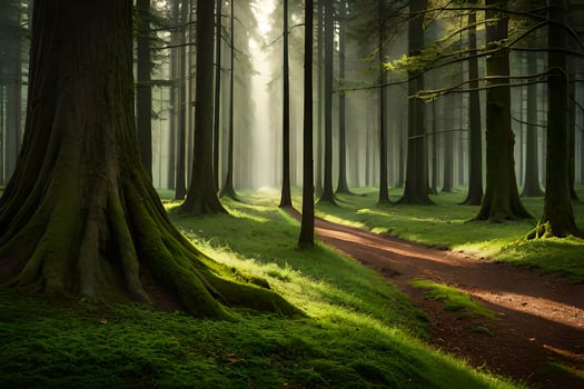 a path through a forest with trees and grass. AI-Generated photo