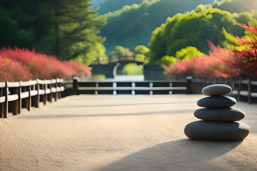 a stack of rocks sitting on the sand in front of a bridge. AI-Generated photo