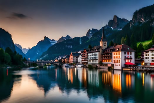 the beautiful town of switzerland at sunset. AI-Generated photo