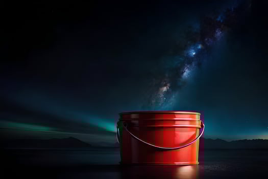 a red bucket sitting on the water with the milky way in the background. AI-Generated photo