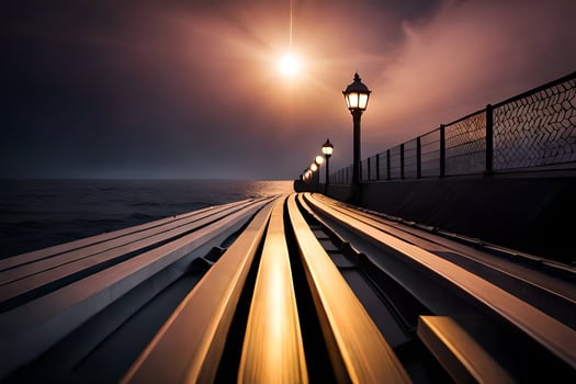 a long pier with a light at the end. AI-Generated photo
