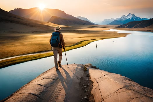 a man with a backpack and hiking poles stands on a cliff overlooking a river and mountains. AI-Generated photo