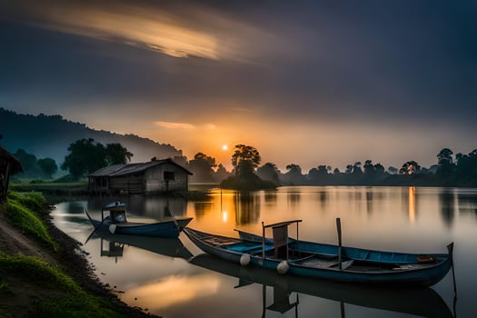 boats on the river at sunset. AI-Generated photo