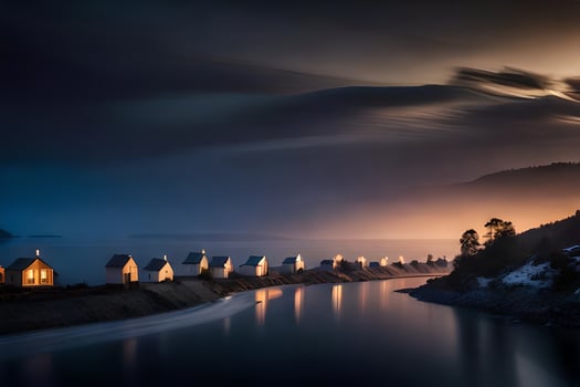 a lake with houses on it at night. AI-Generated photo
