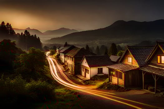 a long exposure photo of a village at sunset. AI-Generated