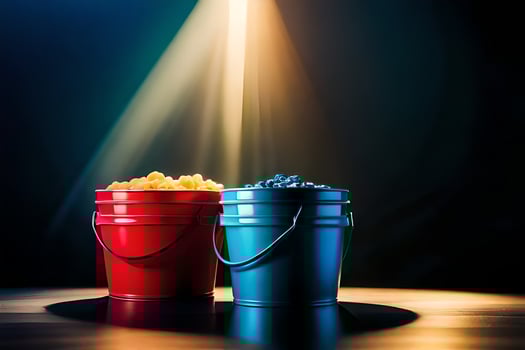 two buckets of popcorn on a table. AI-Generated photo