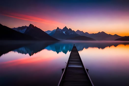 a pier in the middle of a lake with mountains in the background. AI-Generated photo