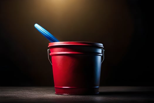 a red bucket with a blue spoon in it. AI-Generated photo