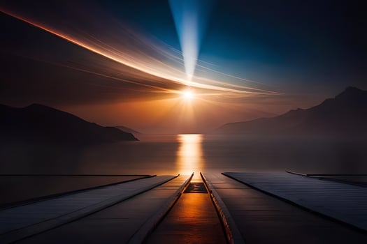 a long pier with a sun setting over the water. AI-Generated photo