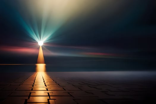 a light shines brightly in the sky over a dark road. AI-Generated photo
