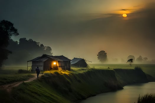 a man walks along a path near a river at sunrise. AI-Generated photo