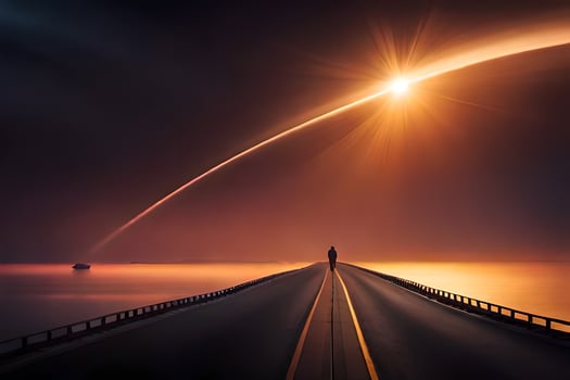 a man stands on the road looking at the sun. AI-Generated photo