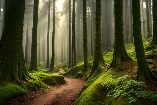 a path through a forest with mossy trees. AI-Generated photo
