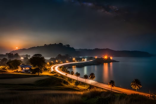 the milky way over the road at night. AI-Generated photo