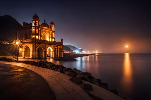 the moon rises over the mosque at night. AI-Generated photo