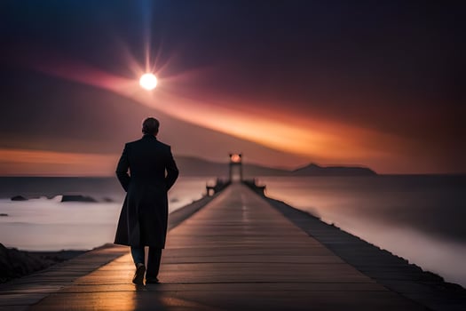 a man is walking along a pier at sunset. AI-Generated photo