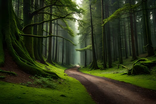 a dirt road in a green forest with trees. AI-Generated photo