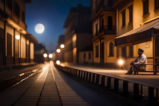 a man sits on a bench in the middle of a city at night. AI-Generated photo