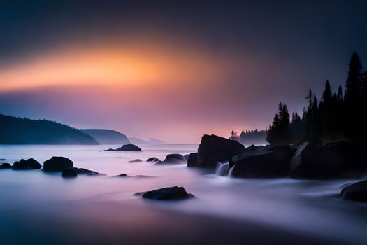 a long exposure photograph of a rocky beach at sunset. AI-Generated photo