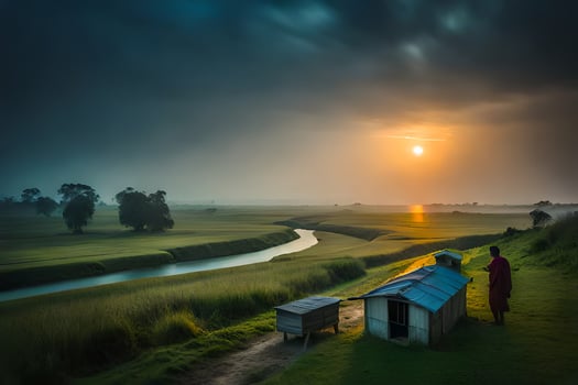 the sun rises over the fields. AI-Generated photo