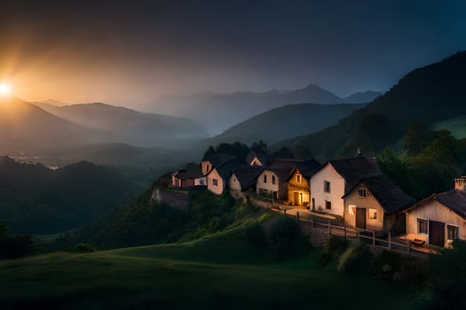 photo wallpaper the sky, mountains, sunset, the sun, the mountains, the village, the. AI-Generated