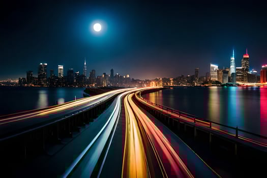a long exposure photo of a city skyline at night. AI-Generated