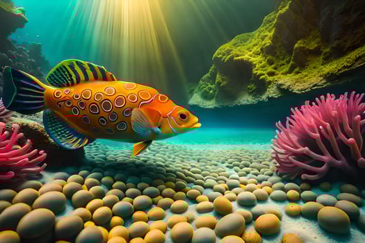 an orange fish swimming in the ocean with coral and anemones. AI-Generated photo