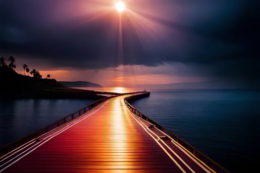 a long wooden pier leads to the ocean at sunset. AI-Generated photo