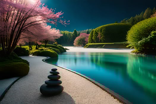 a pond and a stone wall with a cherry tree. AI-Generated photo