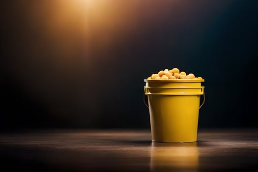 a yellow bucket filled with peanuts on a dark table. AI-Generated photo