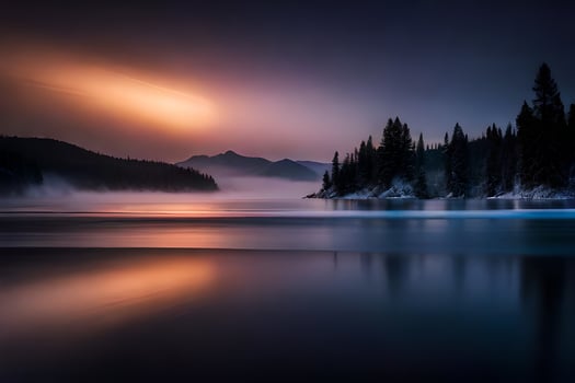 a beautiful sunset over a lake with trees and water. AI-Generated photo