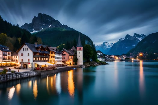 a town sits on the edge of a lake at night. AI-Generated photo