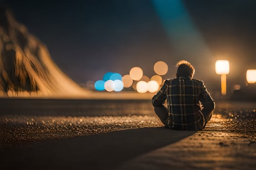 a man sitting on the road at night. AI-Generated photo