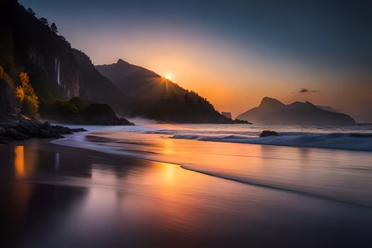 sunset on the beach with mountains in the background. AI-Generated photo
